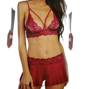 Dreamgirl Stretch Lace Bralette and Mesh Skirt G-string Set Pink Raspberry Sexy